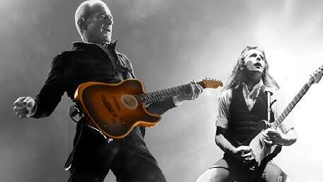 2 different images of a man playing an electric guitar.