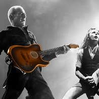 2 different images of a man playing an electric guitar.