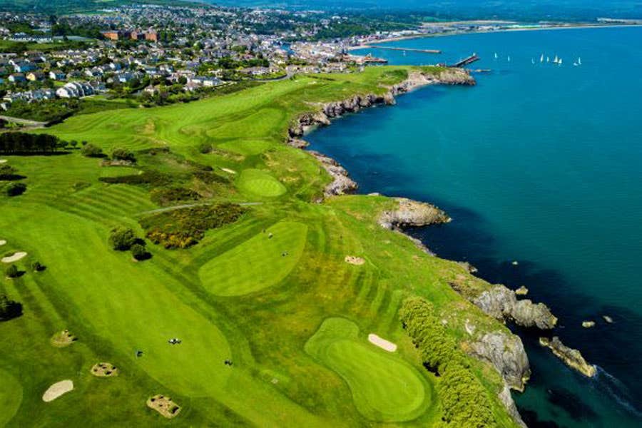 Aerial view of Wicklow Golf Course overlooking Wicklow Bay
