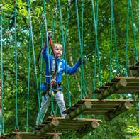 A young boy at the start of a rope bridge high in the treetops