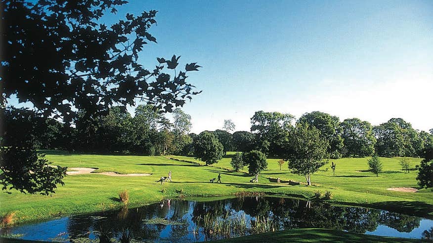 Golfers walking down the green past a water feature at Rathsallagh Golf Club in Wicklow.