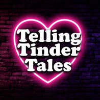 A neon glowing pink heart with white event text on dark brick wall.