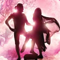 Go Your Own Way, silhouette figures of 2 people against large, pink lit moon with bare tree outlined.