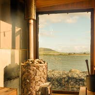 Coastal views from inside The Hot Box Sauna Rosses Point in Sligo