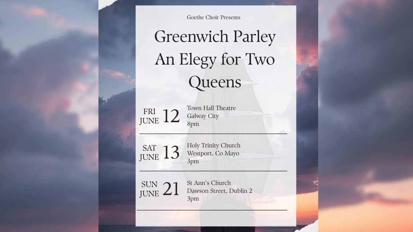 Image showing title of concert series and list of performance dates against the background of a stormy sky and tall ship
