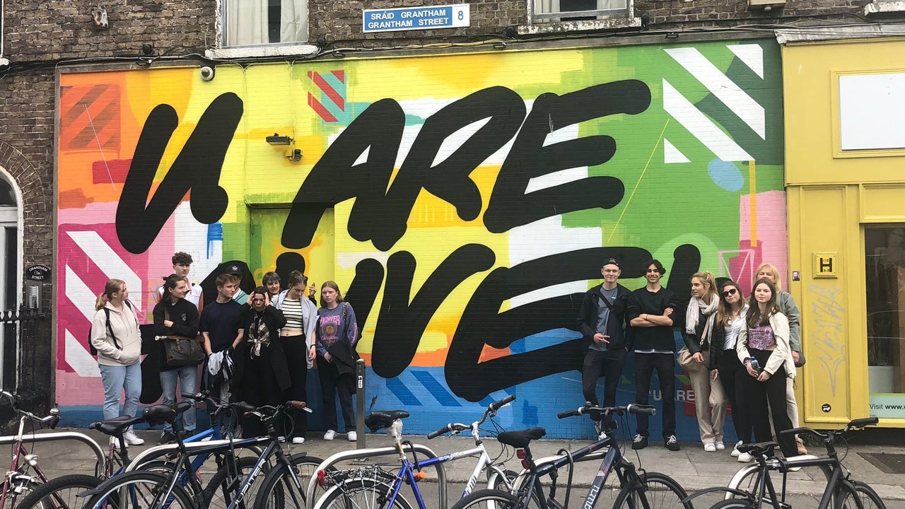 A tour group enjoying a street art tour of Dublin City with Artful Tours