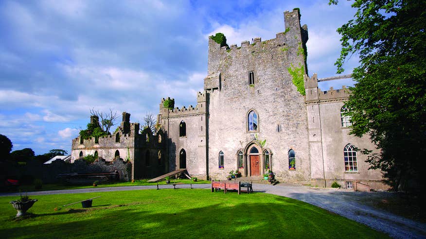 An exterior view of Leap Castle on a gloomy grey day.