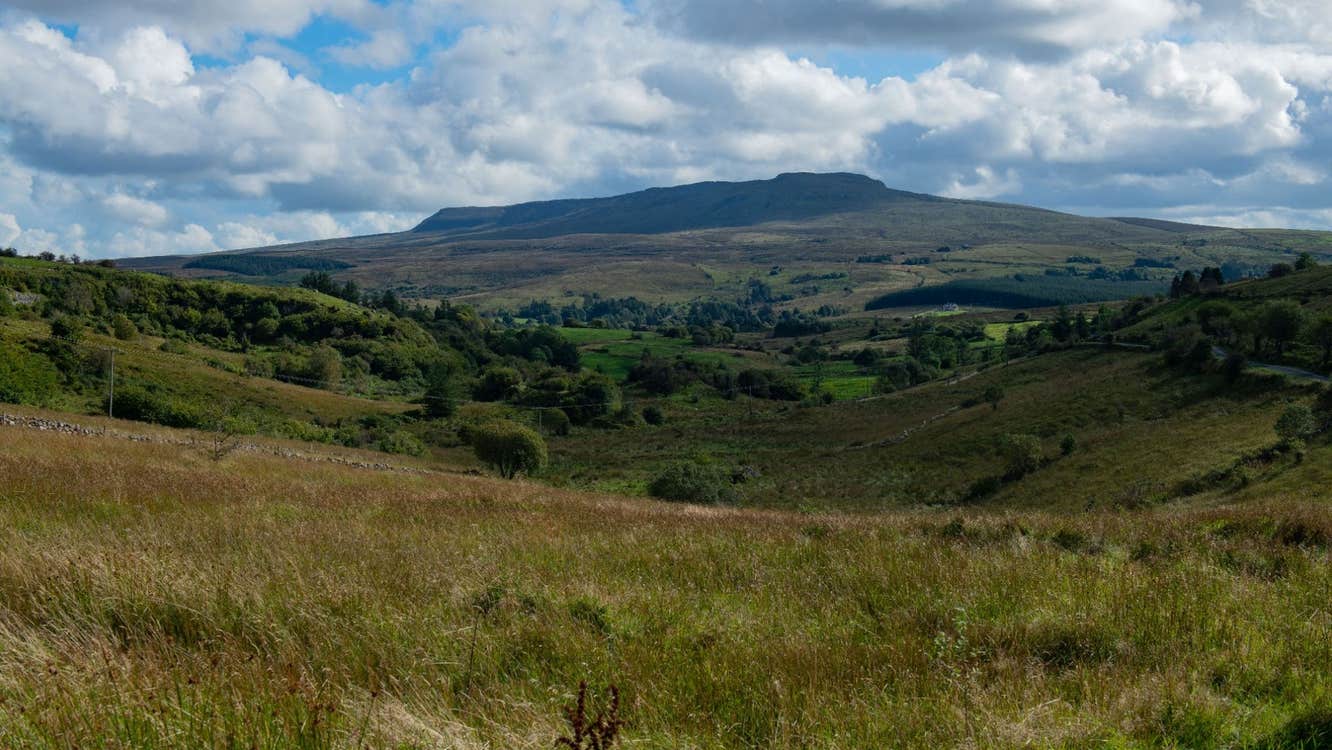 View of a distant mountain across Cavan Burren Park