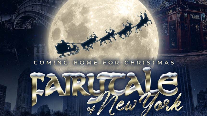 A Fairytale for Christmas, a large full moon with silhouette of santa sleigh with reindeer and dark gold text.