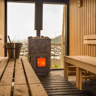 Interior of a sauna at The Hot Box Sauna Carlingford Marina