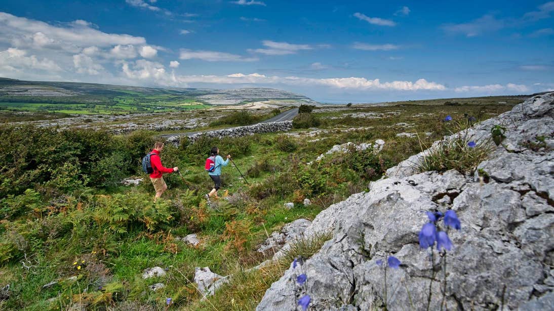 Two people hiking through green fields in The Burren, Co Clare