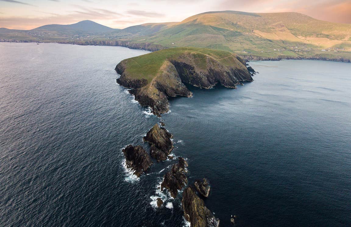 A bird's eye view of the water surrounding Dunmore Head in County Kerry