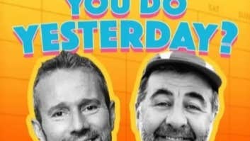 2 smiling heads of men against orange background with blue text.