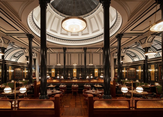 An interior view of the elegant restaurant area at Hawksmoor Dublin