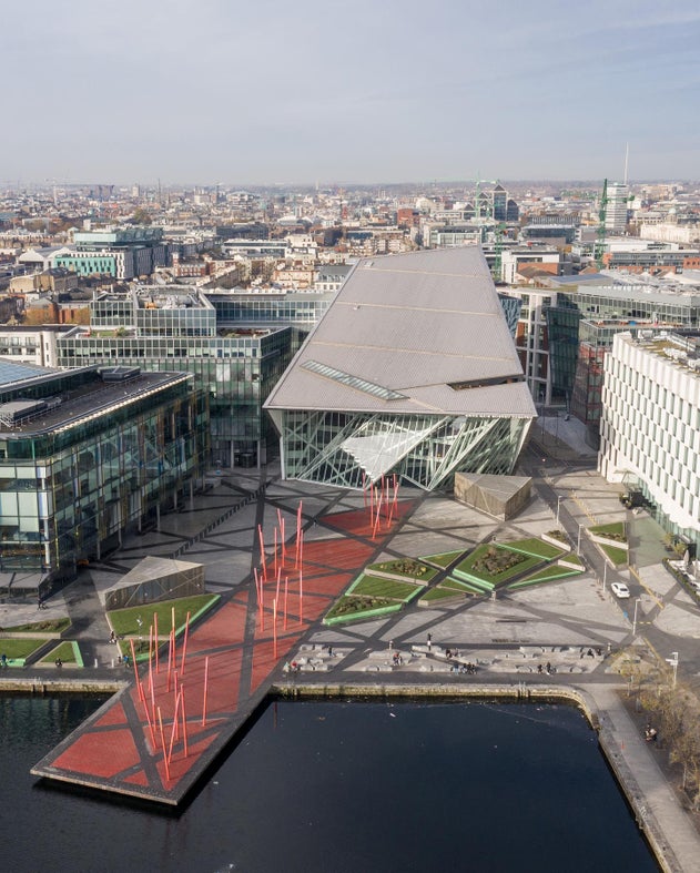 Capture the futuristic architecture of Dublin Docklands, also known as Silicon Docks.
