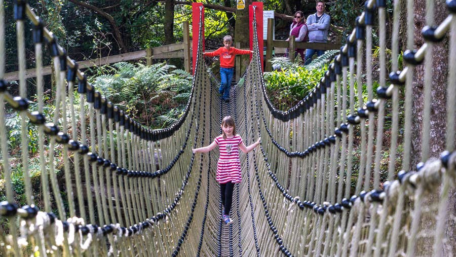 Children walking on a rope bridge while parents watch on