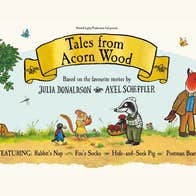 Poster for Tales from Acorn Wood with cartoon animals dressed in clothes like people.