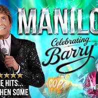 Poster for Celebrating Barry, Ultimate Manilow Tribute Show, with large text and man pointing in a black sparkly jacket