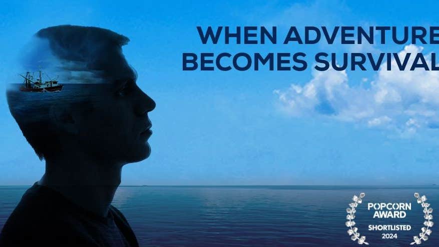 Trawled, a one-man show with Eoin Ryan - View of a calm sea with blue sky and dark side profile of a man's head containing small image of a fishing trawler.