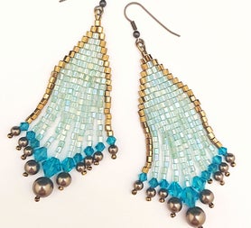 Yellow Brick Road blue and gold beaded pendant earrings