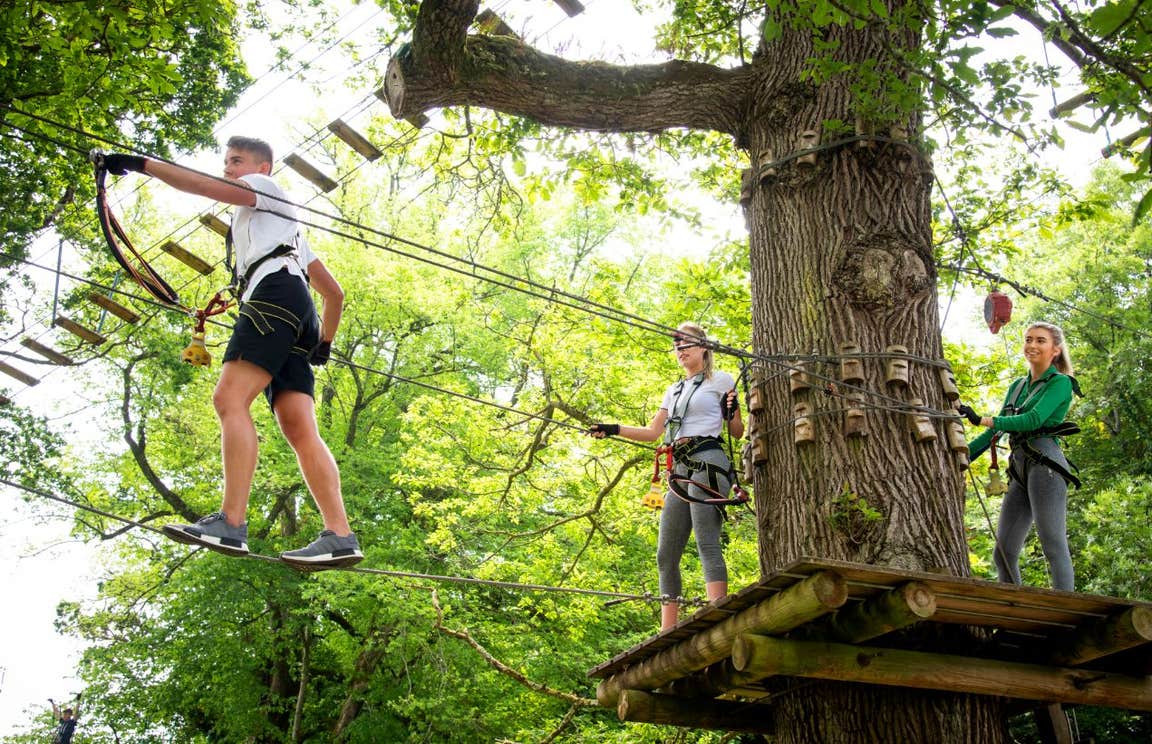 Two people ziplining through the trees with the guidance of an instructor at Lough Key Zip Line