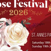 Poster for Rose Festival 2026 at St Anne's Park with pale pink roses against dark red background.