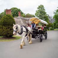 A horse drawn carriage and passengers moving down a village street