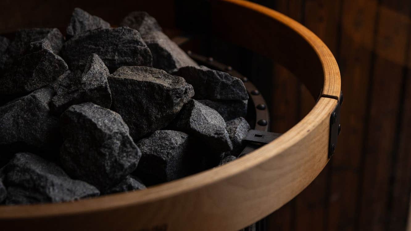 Close up of sauna stones on a sauna stove