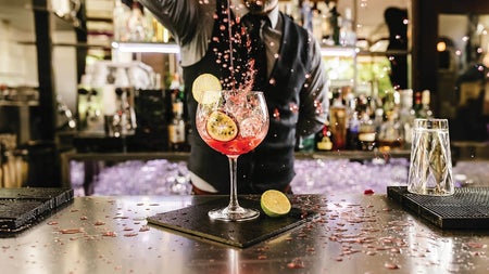 A person standing at a bar pouring liquid into a glass which is decorated with slices of fruit