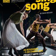 Two figures dance in a space with mirrors behind them creating other reflected figures. Bright yellow text reads 'SING SONG by David Bolger' with performance dates and location listed below in yellow text.