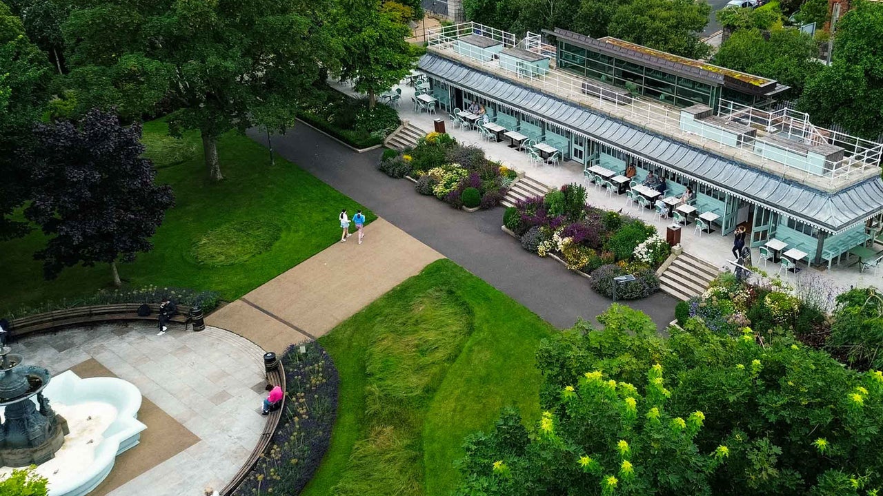 Aerial view of People's Park Café and fountain on the grounds