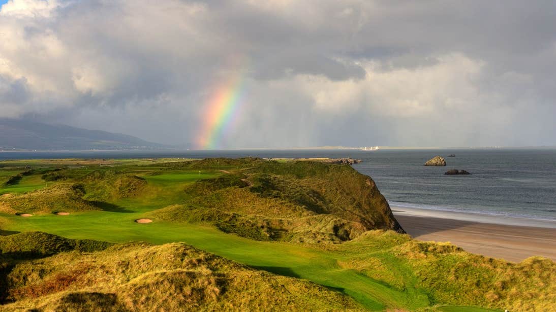 Rainbow over Tralee Golf Course beside the sea in County Kerry 