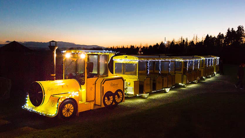 A small yellow train with carriages lit up at dusk
