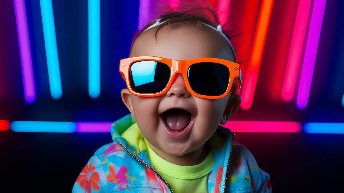 A happy baby wearing large orange sunglasses with neon tubes in background.