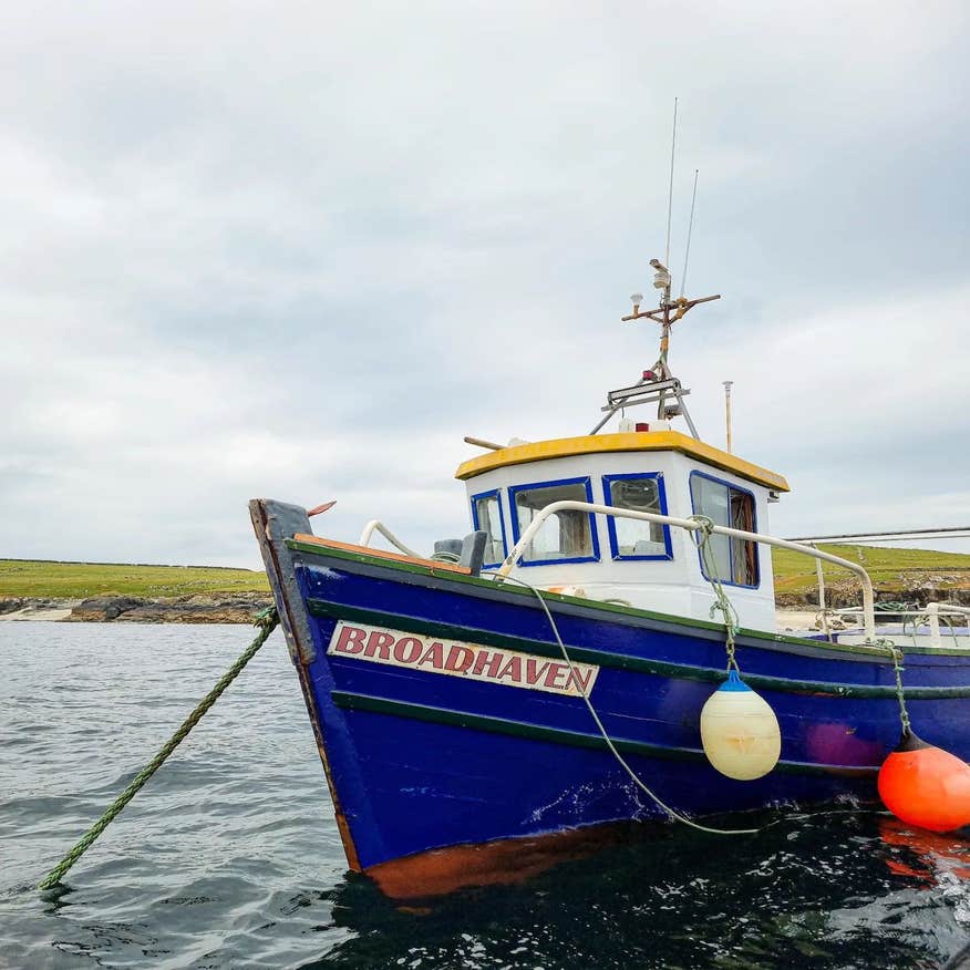 A boat from Black Sod Safari boat tour in the water in County Mayo.