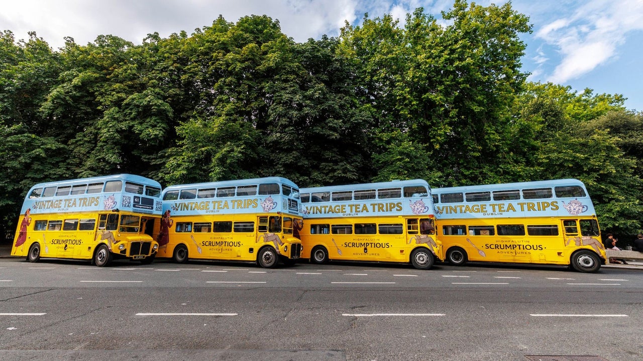 Four Vintage Tea Trips double decker buses lined up beside a tree lined road