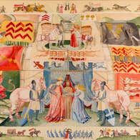 Tapestry showing a wedding scene with a castle behind three people