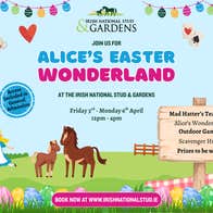 Cartoon style poster for Alice's Easter Wonderland at Irish National Stud with horses, eggs and Alice in Wonderland items