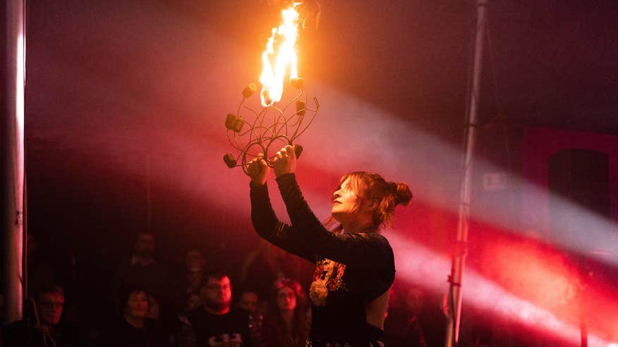 A fire dancer performing at the Púca Festival in County Meath in 2022.