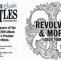 Poster for The Classic Beatles, Revolver & More Tour with text and black and white patterned background overlaid with outline of 4 heads of hair in white