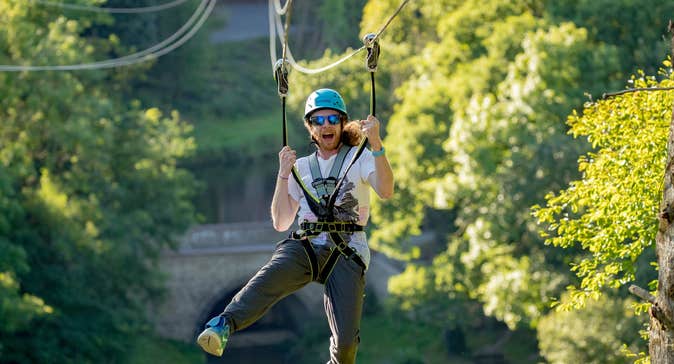 A person ziplining at Castlecomer Discovery Park, Co Kilkenny