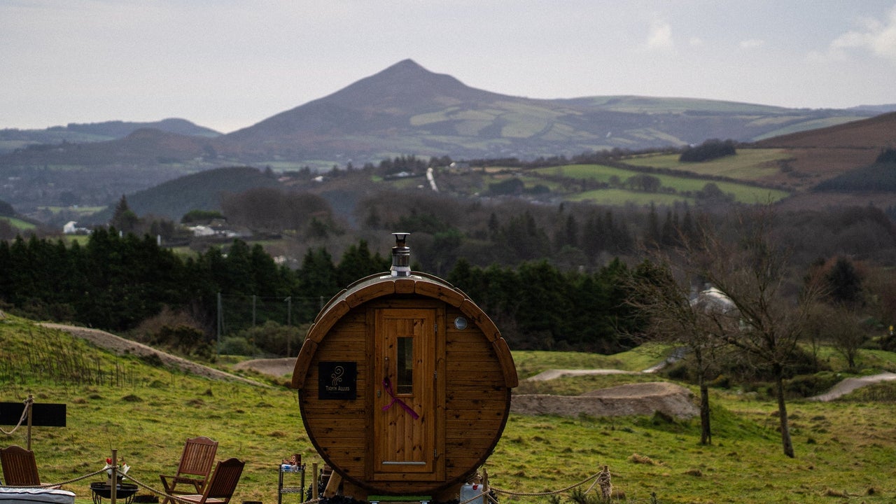 An outdoor sauna with a view of the Dublin Mountains