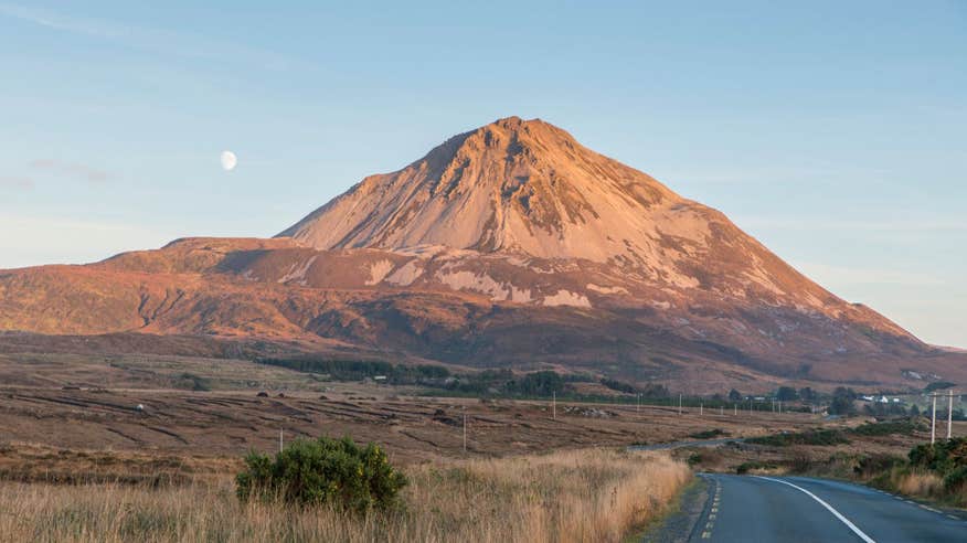 Errigal in County Donegal at dusk under a full moon