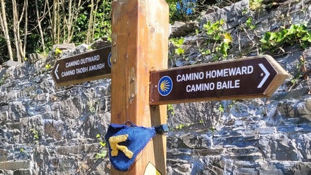 Wooden Camino trail signpost beside a stone wall with greenery