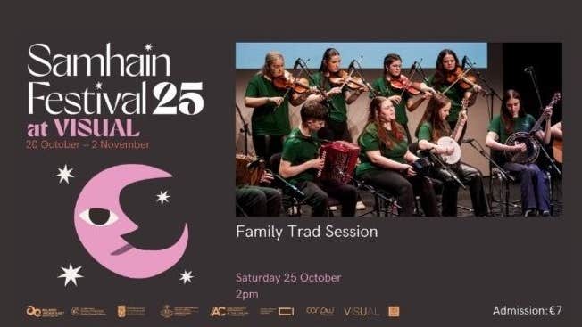 Poster for Samhain Festival 25 at VISUAL: Family Trad Session, group of young trad musicians seated and standing in lines whilst playing
