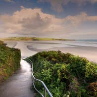 Concrete walkway heading down to Inchydoney beach with bright green shrubs on each side of it.