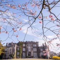 A castle with lots of windows under a pale blue sky