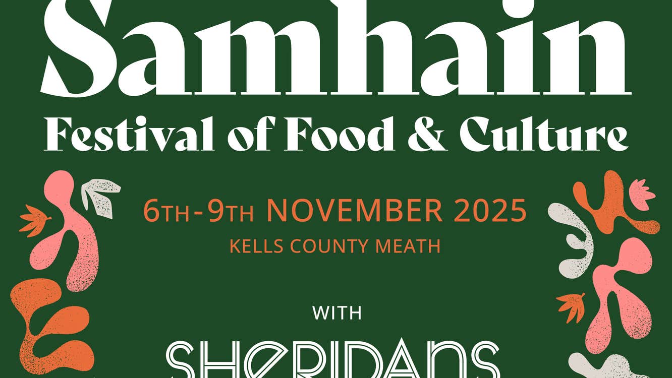 Samhain Festival of Food & Culture 2025 - part of poster in dark green with white text and dull pink leaf border.