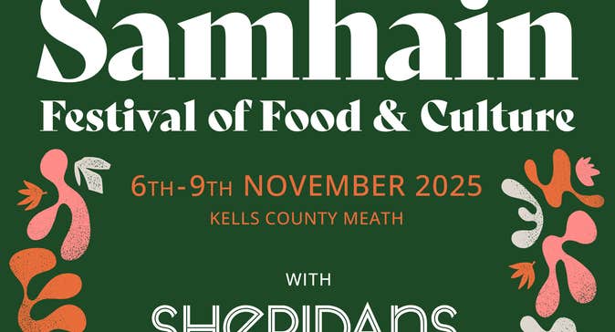Samhain Festival of Food & Culture 2025 - part of poster in dark green with white text and dull pink leaf border.
