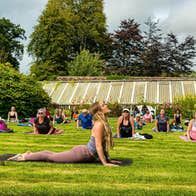 People spread out across a lawn on yoga mats in a yoga pose with long green house in the background.